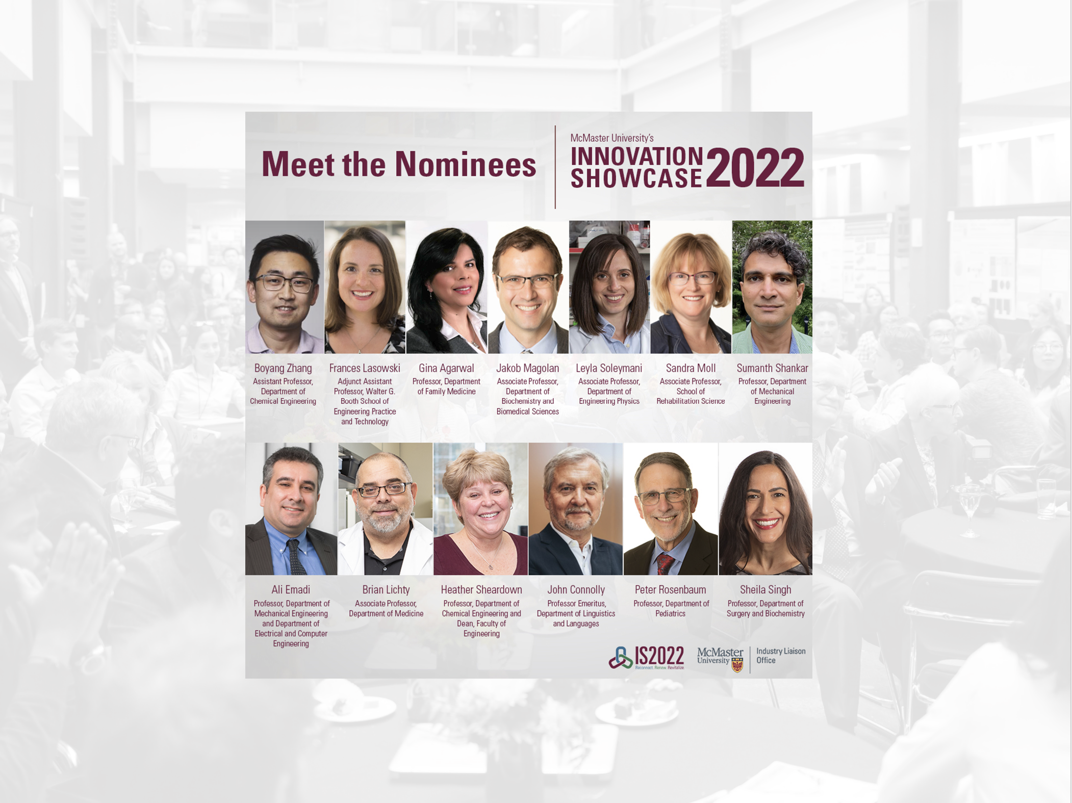 Meet the nominees. McMaster Innovation Showcase 2022. Headshots of nominees.