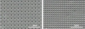 An image of a miniaturization of hole array patterns under a microscope.