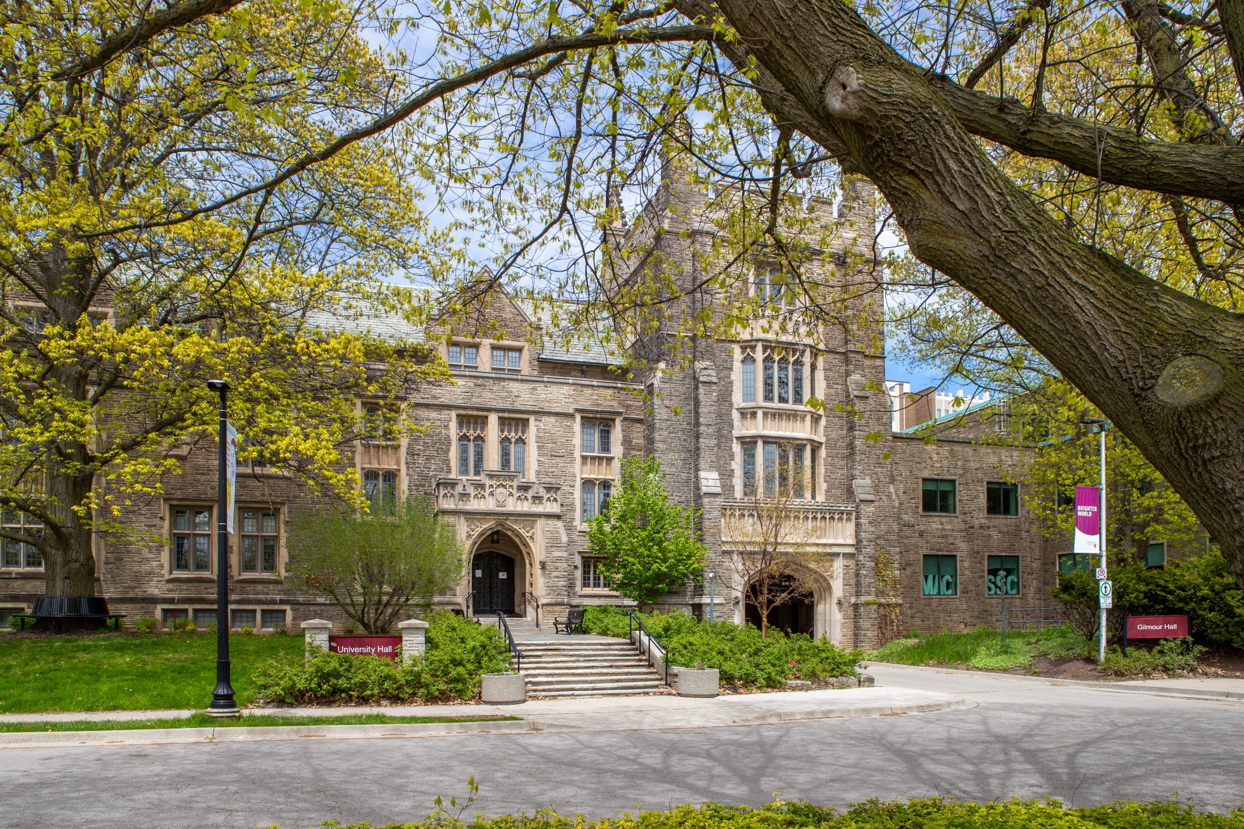Exterior of University Hall during spring.